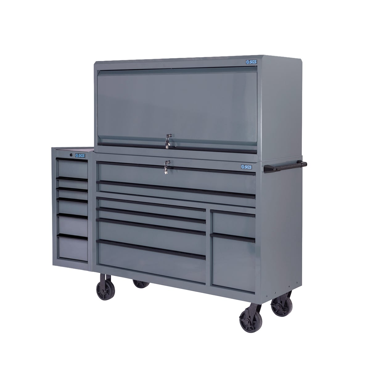 SGS Pro 56in 14 Drawer Roller Cabinet with Top Hutch and Side Cabinet | Grey